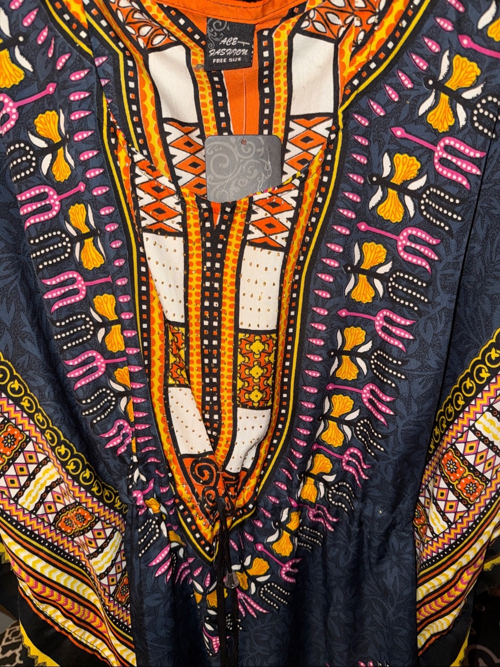 Women’s Patterned Kimono - Black with Orange & Pink Accents - Picture 6 of 8